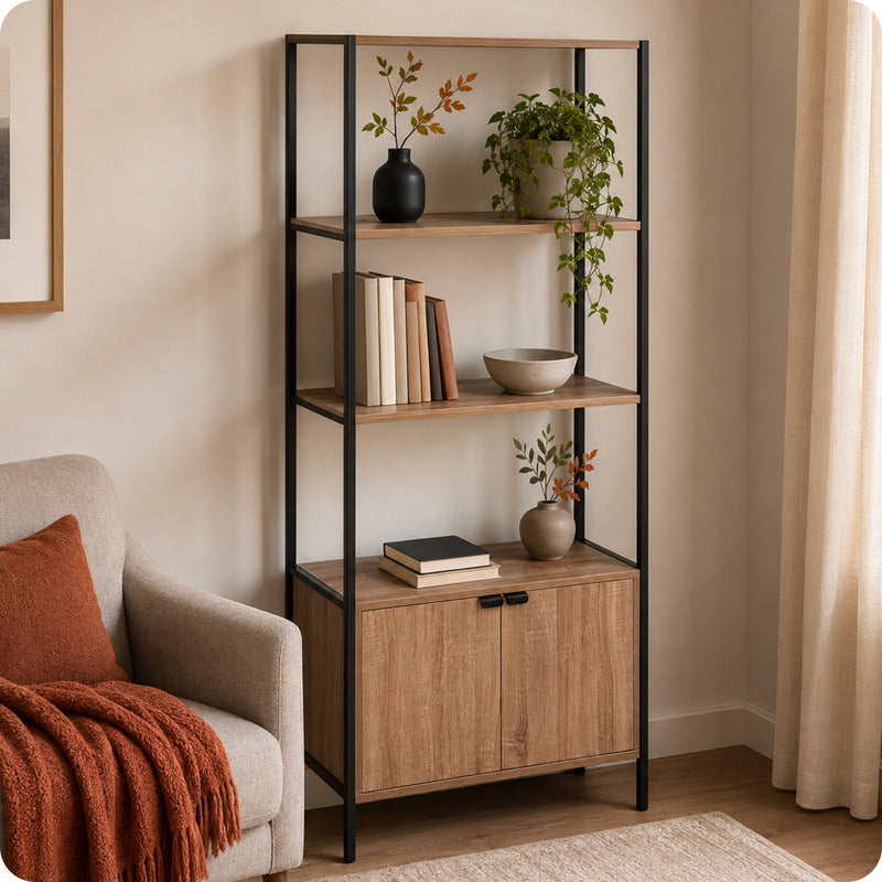 Estantería librería de 2 estantes con mueble bajo 68x35x176 cm negra