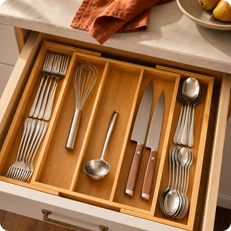 Organizador de cubiertos extensible de bambú con 5 compartimentos, ahorraespacio y multiusos