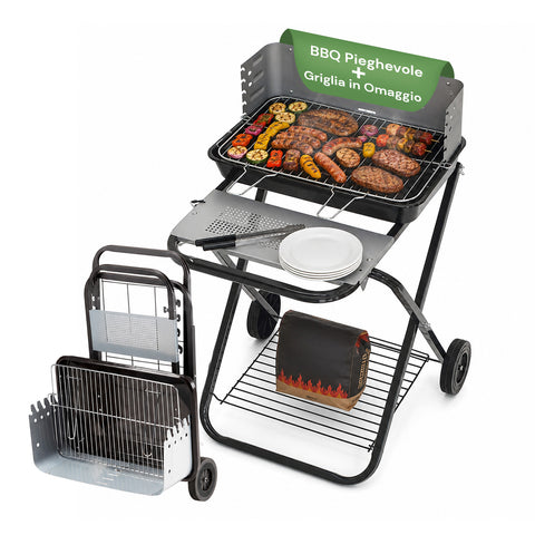 Barbacoa plegable de acero esmaltado negro con ruedas 60x80x84cm