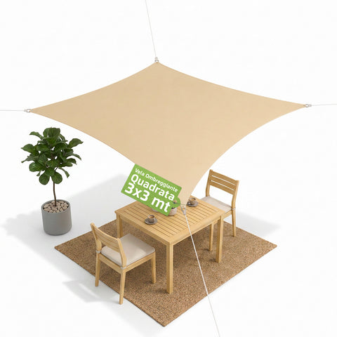 Vela de sombra cuadrada beige, hidrófuga y con protección UV para exteriores