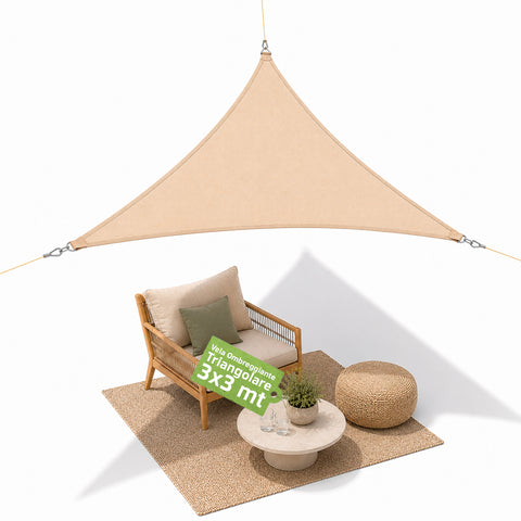 Vela de sombra triangular beige, hidrófuga y con protección UV para exteriores