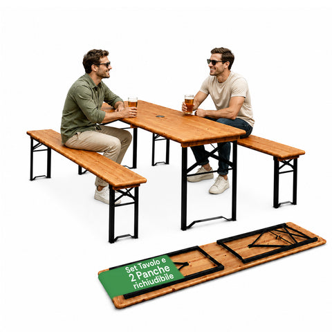 Set de mesa y 2 bancos plegables de jardín de 120cm / 180cm de madera con estructura de hierro y orificio para sombrilla de 5cm - Capacidad de carga de la mesa 200kg