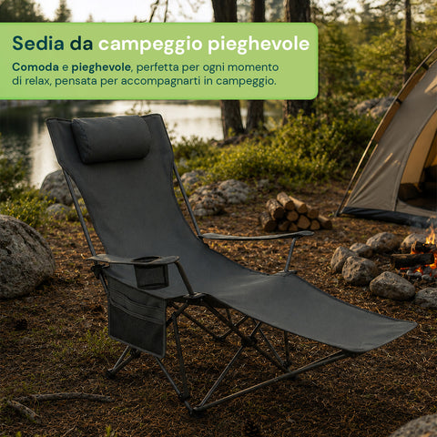 Sedia da Campeggio Pieghevole e Reclinabile dalla Portata di 150kg – Struttura in Acciaio e Tessuto Oxford con Tasche Portaoggetti e Borsa Trasporto