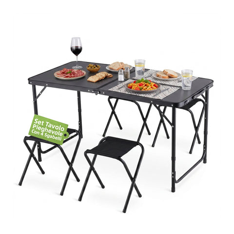 Conjunto de mesa plegable de camping con 4 taburetes – Estructura de aluminio ligera y resistente – Mesa regulable en 3 alturas – Capacidad de carga 50kg/100kg – Diseño tipo maleta que ahorra espacio