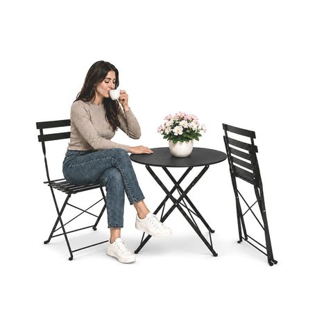 Conjunto de mesa y 2 sillas plegables de hierro para jardín – Mesa redonda de ø 60cm y 2 sillas que ahorran espacio – Capacidad de carga 150kg/100kg