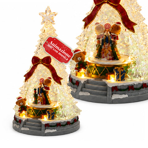 Árbol de Navidad luminoso JoyTree con música y animación de 360°, luces LED, escena con ositos y cascanueces, alimentación dual por USB, 32,5 cm