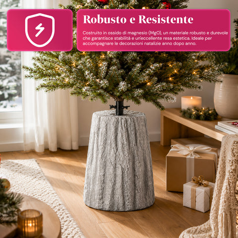 Base para árbol de Navidad con forma de tronco, efecto corteza, 2 acabados, dimensiones 33,5x52,5 cm, para árboles de hasta 240 cm, enganche universal