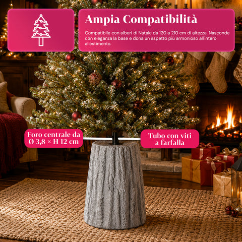 Base para árbol de Navidad con forma de tronco, efecto corteza, 2 acabados, dimensiones 33,5x52,5 cm, para árboles de hasta 240 cm, enganche universal