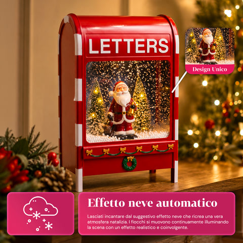 Buzón navideño con Papá Noel – LED, música y efecto de nieve