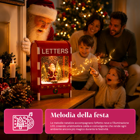 Buzón navideño con Papá Noel – LED, música y efecto de nieve