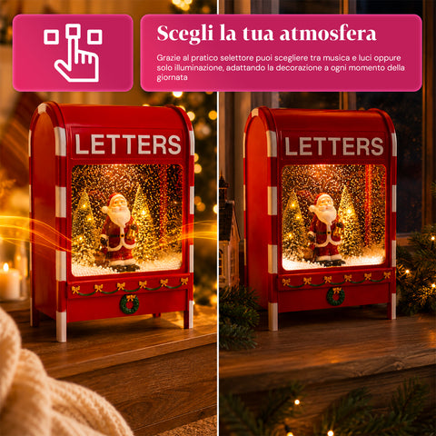 Buzón navideño con Papá Noel – LED, música y efecto de nieve
