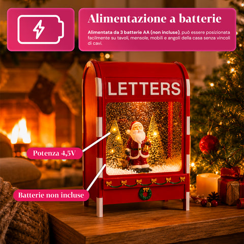 Buzón navideño con Papá Noel – LED, música y efecto de nieve