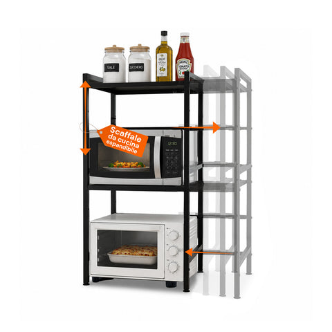 Estante de cocina extensible de 3 niveles de metal y madera con 6 ganchos incluidos