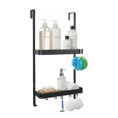 Estante de baño para colgar en la ducha, negro, con 2 niveles y ganchos