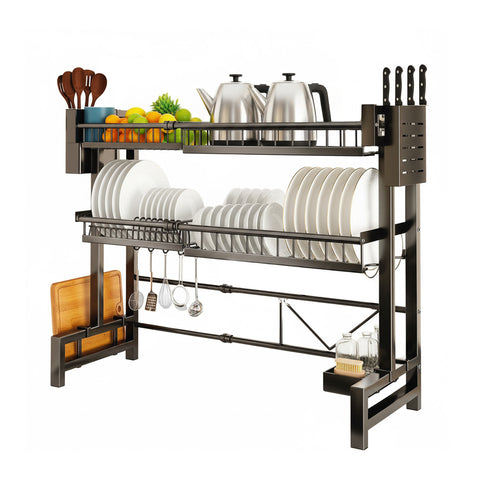 Organizador de cocina extensible de 2 niveles con escurridor de platos y accesorios incluidos