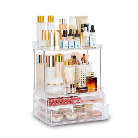 Organizador de maquillaje con 4 estantes y 2 cajones transparentes que ahorra espacio