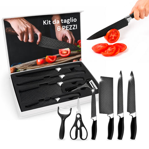 Set de cuchillos de cocina de 6 piezas de acero inoxidable con motivo de diamante, incluye: cuchillo de chef, cuchillo para filetear, multiusos, cuchilla, tijeras y pelapatatas