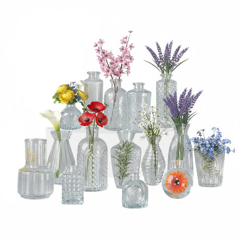 Set de 15 frascos de vidrio transparente para flores y centros de mesa, de varias formas y tamaños