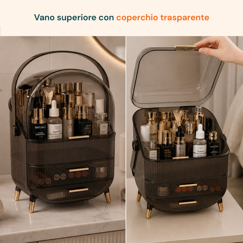 Estuche de maquillaje impermeable con asa giratoria y 3 compartimentos en varios colores