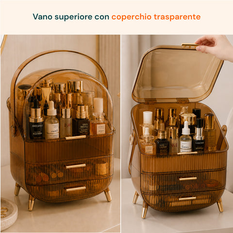 Estuche de maquillaje impermeable con asa giratoria y 3 compartimentos en varios colores