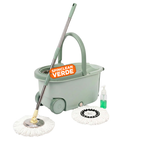 Kit de fregona giratoria 360° con cubo de 14L - 46x27x22cm y centrifugadora de acero – Incluye 2 cabezales de microfibra, dosificador de jabón y palo telescópico – Set universal para limpiar suelos, con ruedas y desagüe
