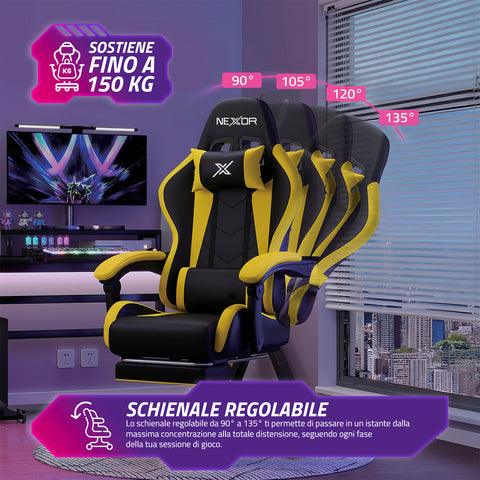 Silla gaming reclinable con reposapiés extraíble, cojín lumbar y reposacabezas