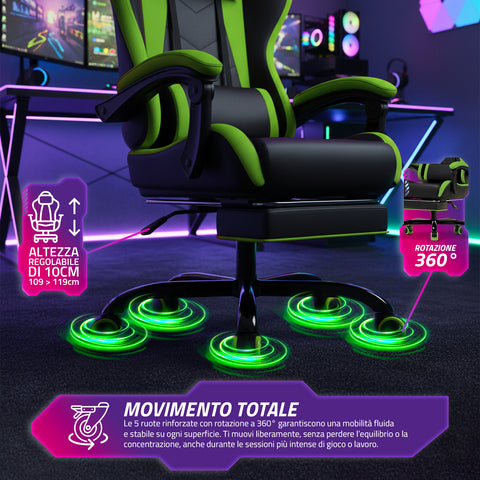 Silla gaming reclinable con reposapiés extraíble, cojín lumbar y reposacabezas
