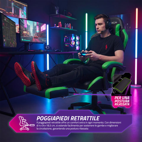 Silla gaming reclinable con reposapiés extraíble, cojín lumbar y reposacabezas