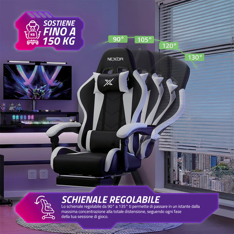 Silla gaming reclinable con reposapiés extraíble, cojín lumbar y reposacabezas