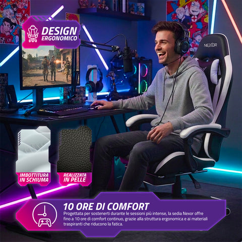 Silla gaming reclinable con reposapiés extraíble, cojín lumbar y reposacabezas