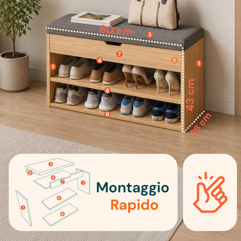Zapatero de MDF con asiento abatible acolchado de lino y 2 estantes ahorraespacio