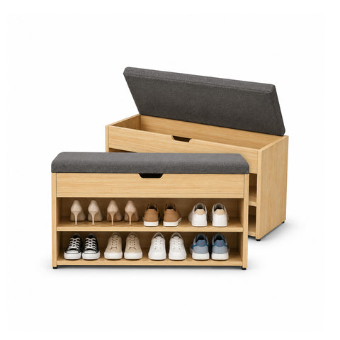 Zapatero de MDF con asiento abatible acolchado de lino y 2 estantes ahorraespacio