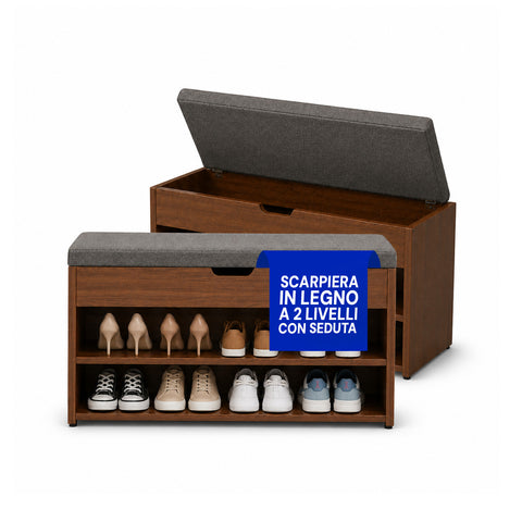 Zapatero de MDF con asiento abatible acolchado de lino y 2 estantes ahorraespacio