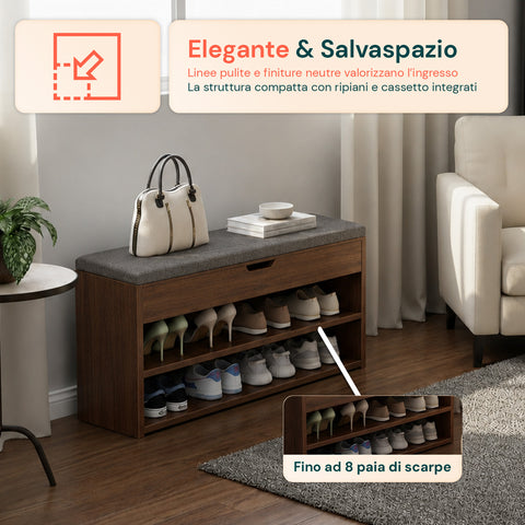Zapatero de MDF con asiento abatible acolchado de lino y 2 estantes ahorraespacio