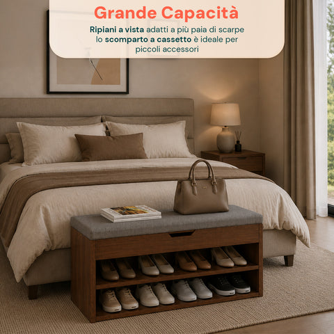 Zapatero de MDF con asiento abatible acolchado de lino y 2 estantes ahorraespacio