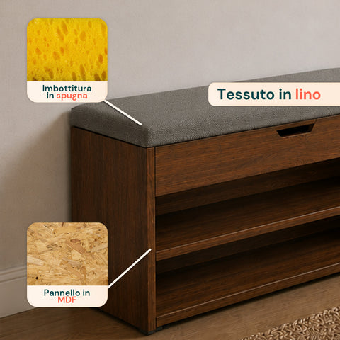 Zapatero de MDF con asiento abatible acolchado de lino y 2 estantes ahorraespacio
