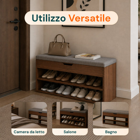 Zapatero de MDF con asiento abatible acolchado de lino y 2 estantes ahorraespacio