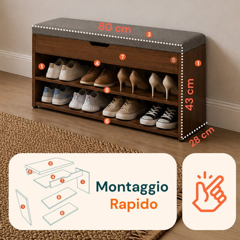 Zapatero de MDF con asiento abatible acolchado de lino y 2 estantes ahorraespacio