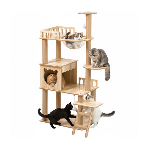 Árbol rascador para gatos de varios niveles con caseta y hamaca H135cm