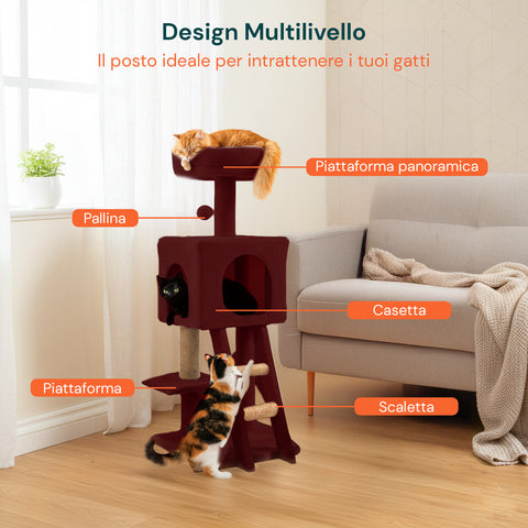Rascador para gatos de 92 cm con caseta, escalera y juguetes