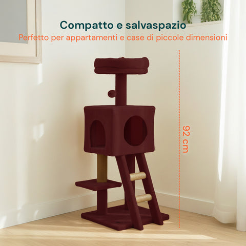 Rascador para gatos de 92 cm con caseta, escalera y juguetes