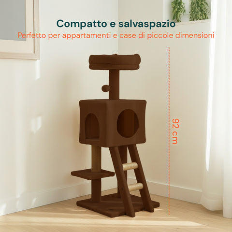 Rascador para gatos de 92 cm con caseta, escalera y juguetes