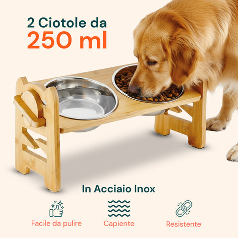 Doppia Ciotola Rialzate Regolabili 250ml per Cani e Gatti con 3 Altezze