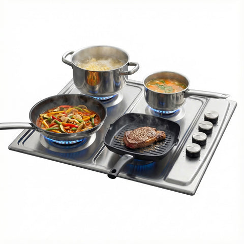 Placa de cocina de gas de 4 fuegos en acero inoxidable 50x58cm 220-240v