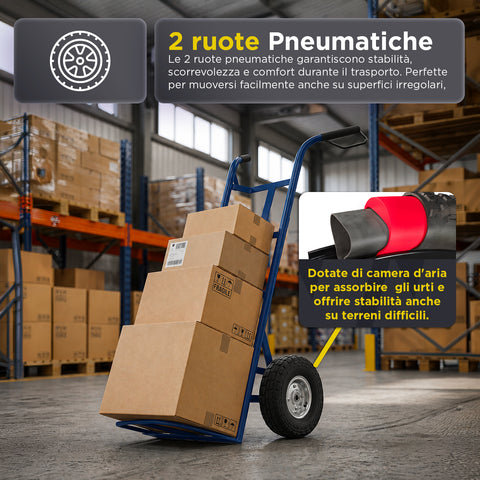 Carrello da Carico Professionale 250 kg in Acciaio - Nero con Ruote Pneumatiche Antiforo