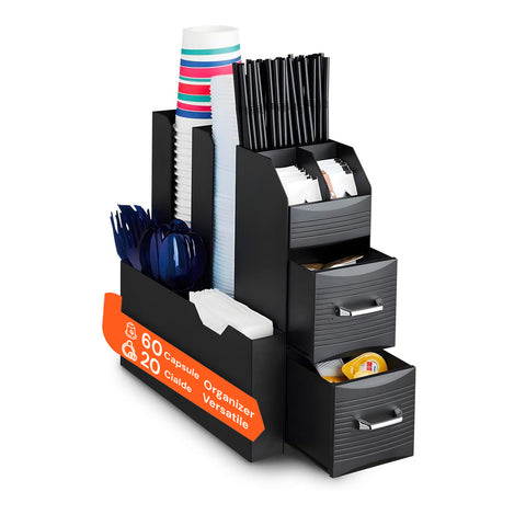Organizador para cápsulas, monodosis y accesorios de café con 9 compartimentos y 2 cajones multiuso, negro