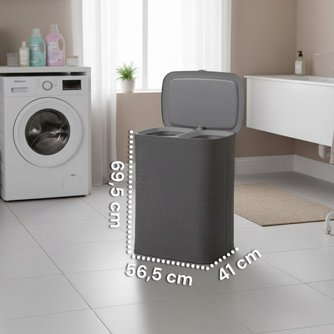 Cesto doble para la ropa sucia de 90 litros, con tapa ergonómica y 2 bolsas extraíbles