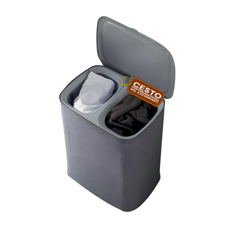 Cesto doble para la ropa sucia de 90 litros, con tapa ergonómica y 2 bolsas extraíbles