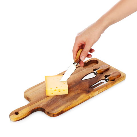 Set de 3 utensilios para degustar quesos con tabla de cortar de madera de acacia