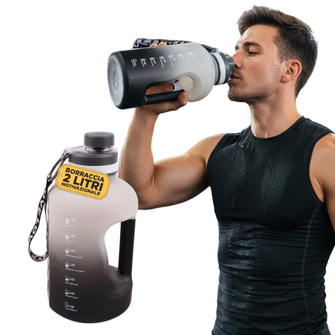 Botella de agua motivacional de 2L - con escala horaria para la hidratación diaria